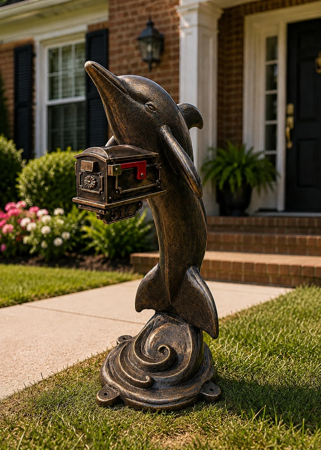 Dark Bronze Dolphin sculpture holding mailbox at Statues and Sculpture Shop