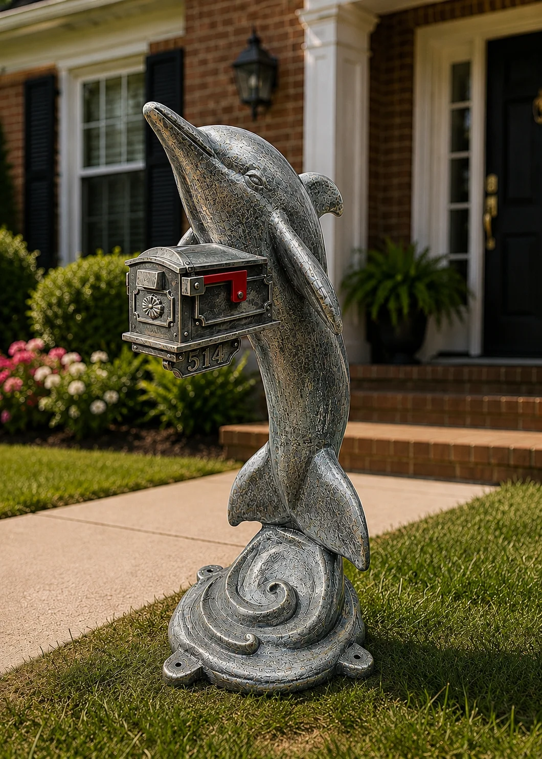 Silver Patina Dolphin sculpture holding mailbox at Statues and Sculpture Shop