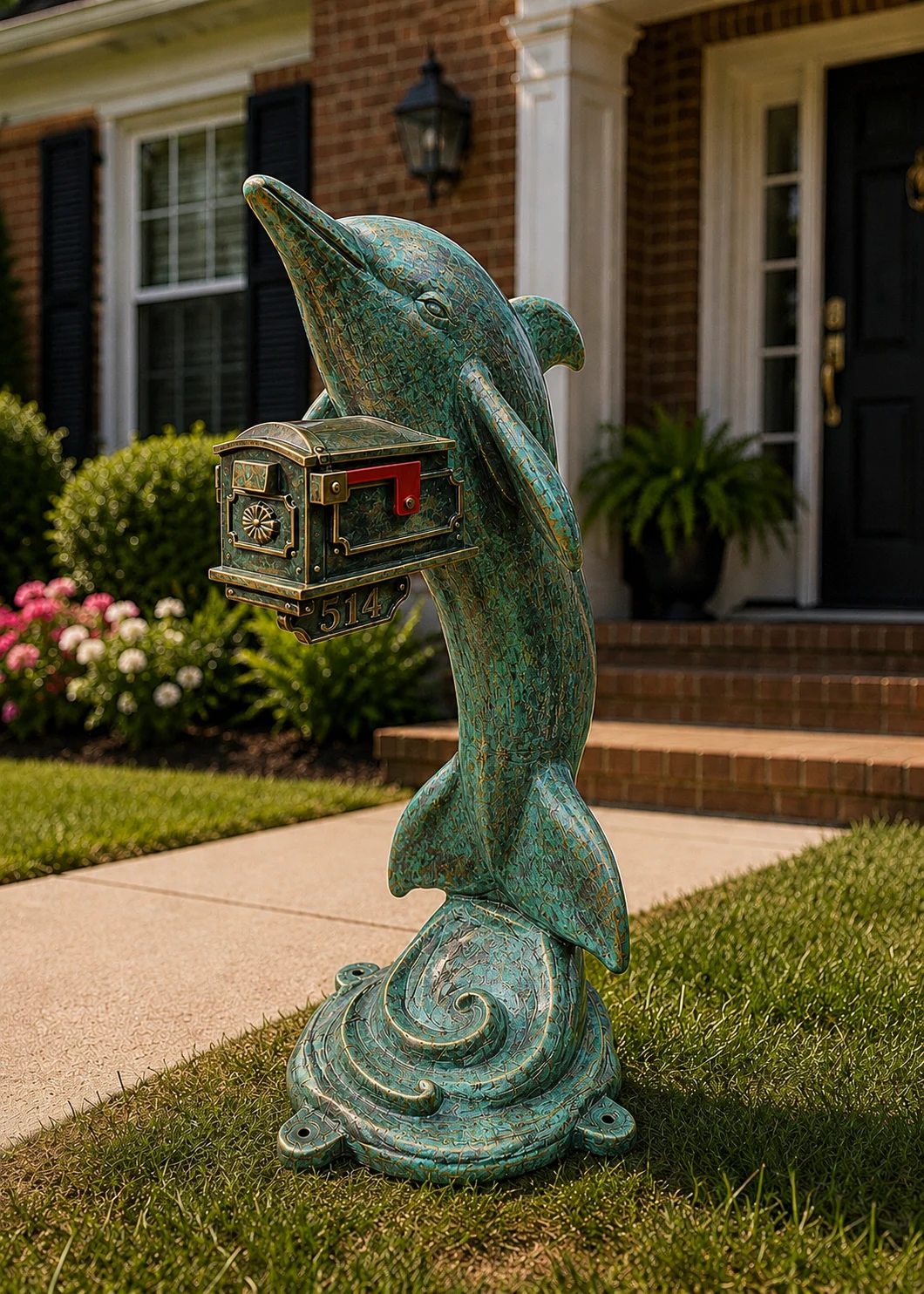 Verdigris Patina Dolphin sculpture holding mailbox at Statues and Sculpture Shop