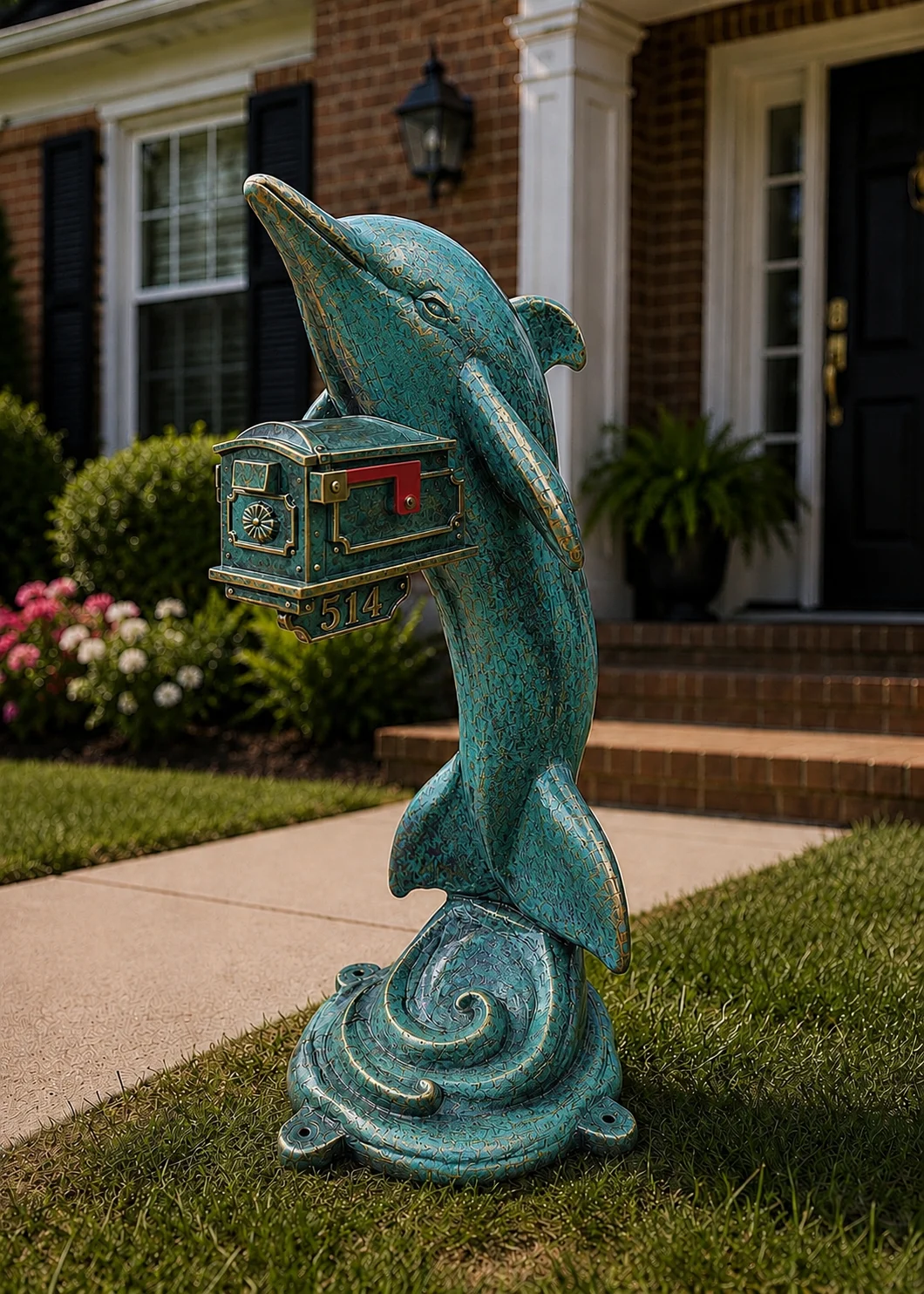 Ocean Patina Dolphin sculpture holding mailbox at Statues and Sculpture Shop