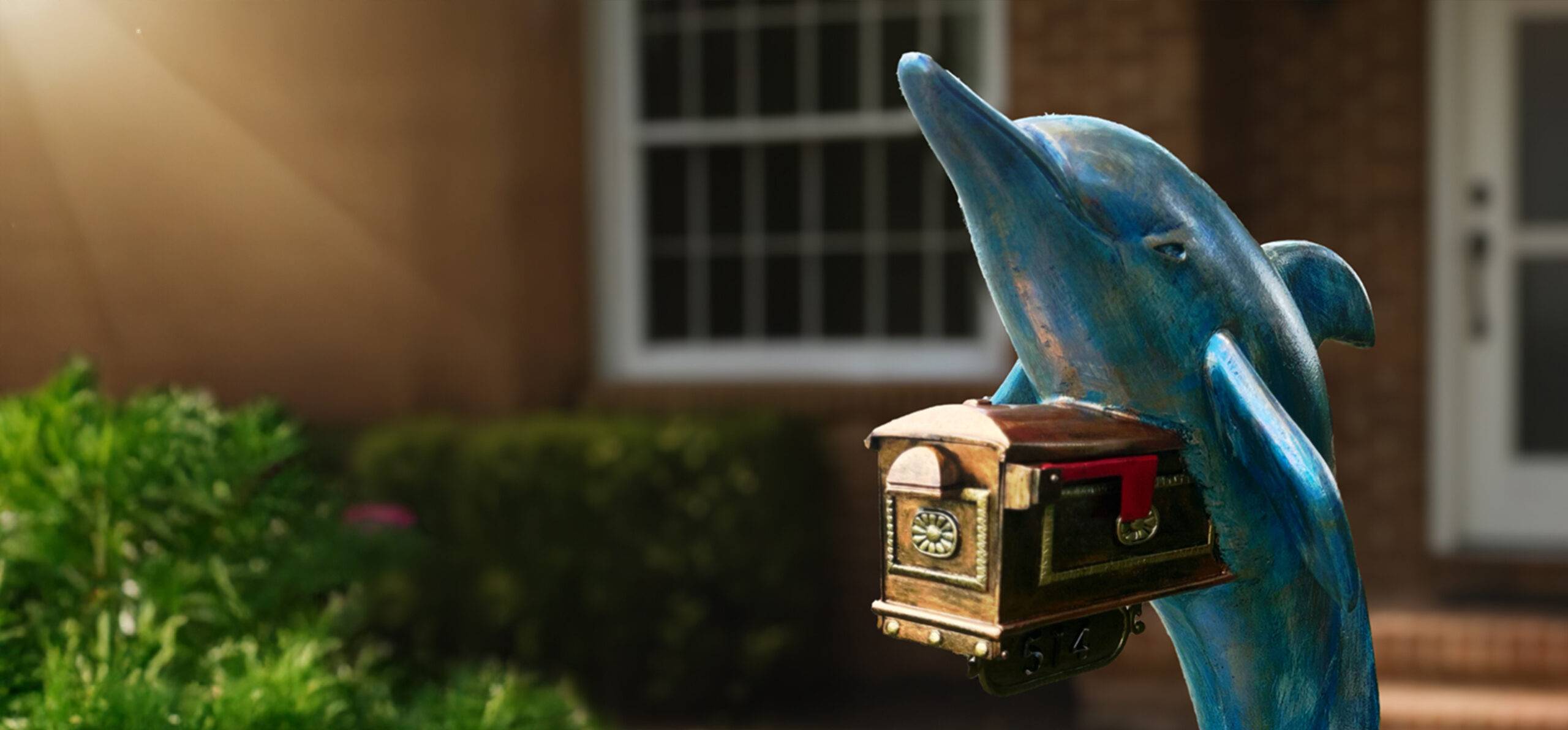 Dolphin sculpture holding mailbox at Statues and Sculpture Shop