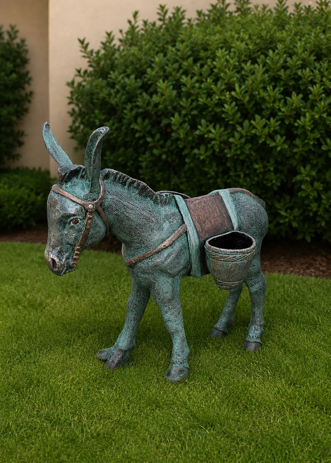 donkey garden sculpture in Aged Copper finish, hand-painted aluminum outdoor animal statue