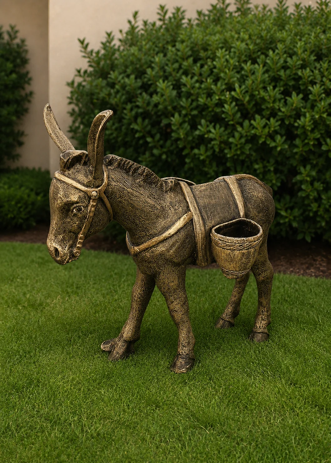donkey garden sculpture in Antique Gold finish, hand-painted aluminum outdoor animal statue