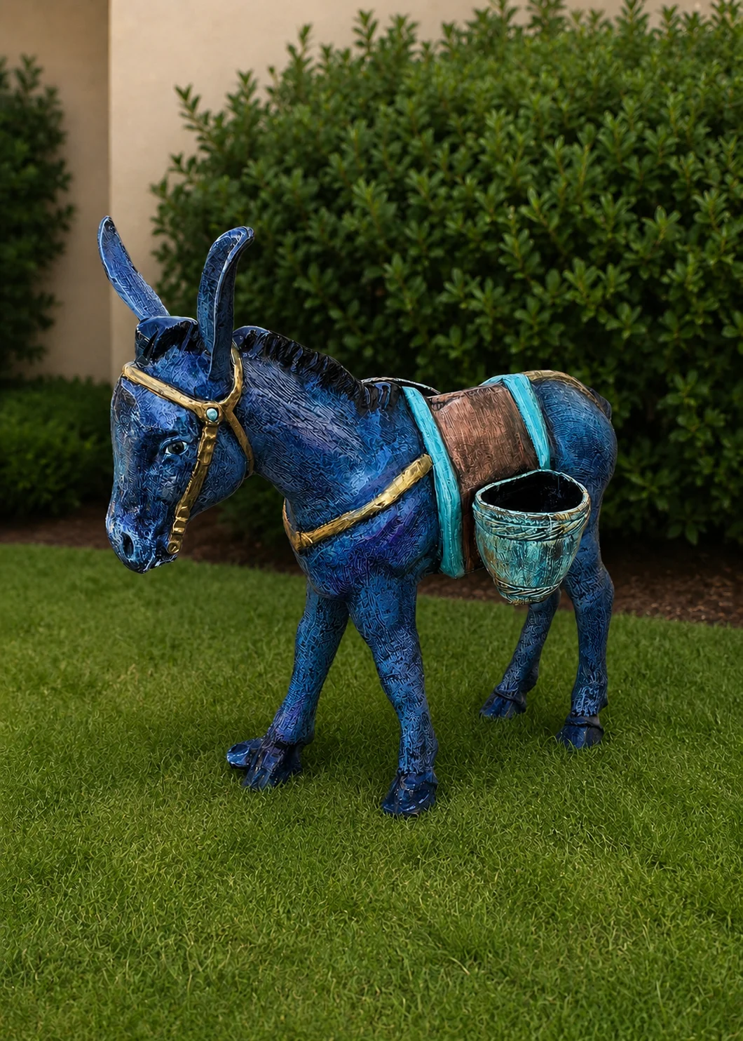 donkey garden sculpture in Coastal Blue finish, hand-painted aluminum outdoor animal statue