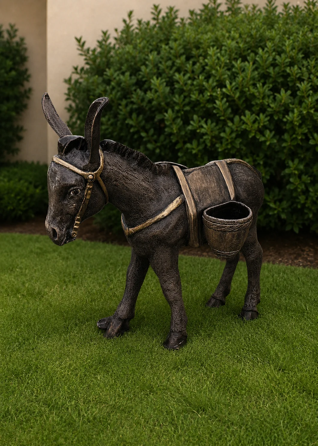 donkey garden sculpture in Dark Bronze finish, hand-painted aluminum outdoor animal statue