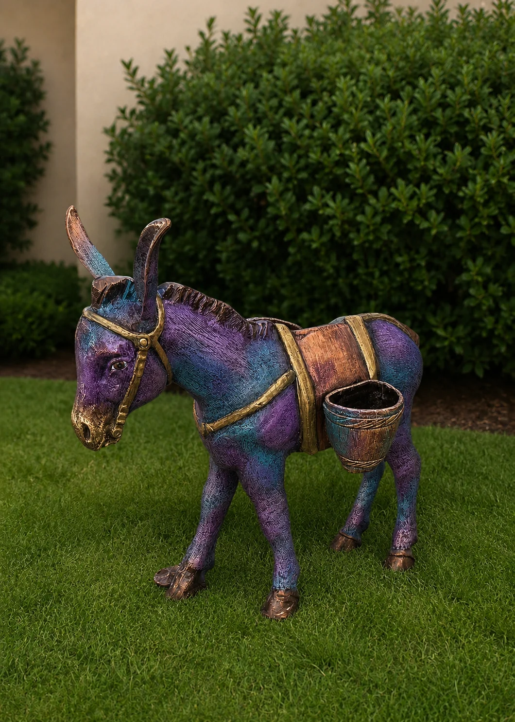 Rustic Donkey Sculpture with Saddle Basket for Outdoor Whimsy