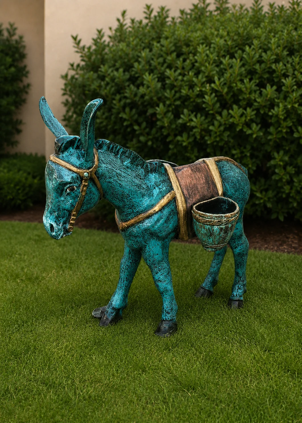 donkey garden sculpture in Ocean Patina finish, hand-painted aluminum outdoor animal statue