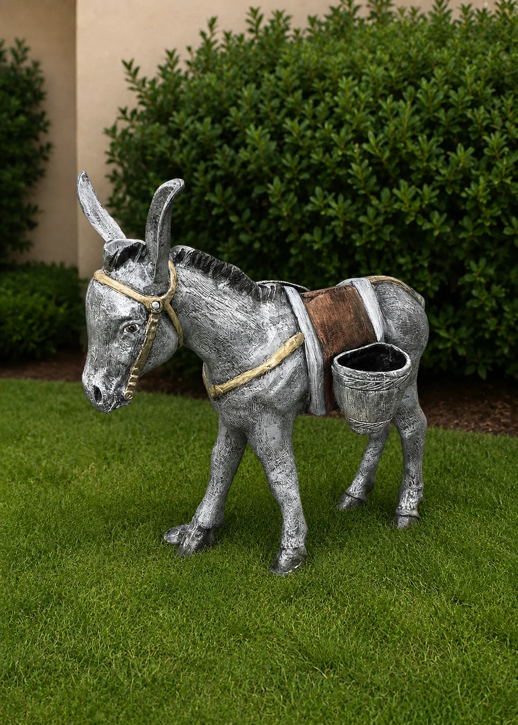 donkey garden sculpture in Silver Patina finish, hand-painted aluminum outdoor animal statue