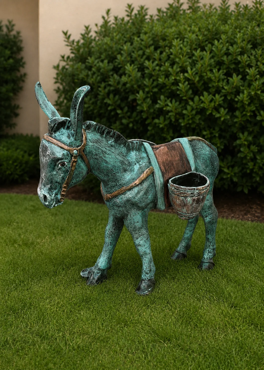 donkey garden sculpture in Verdigris Patina finish, hand-painted aluminum outdoor animal statue