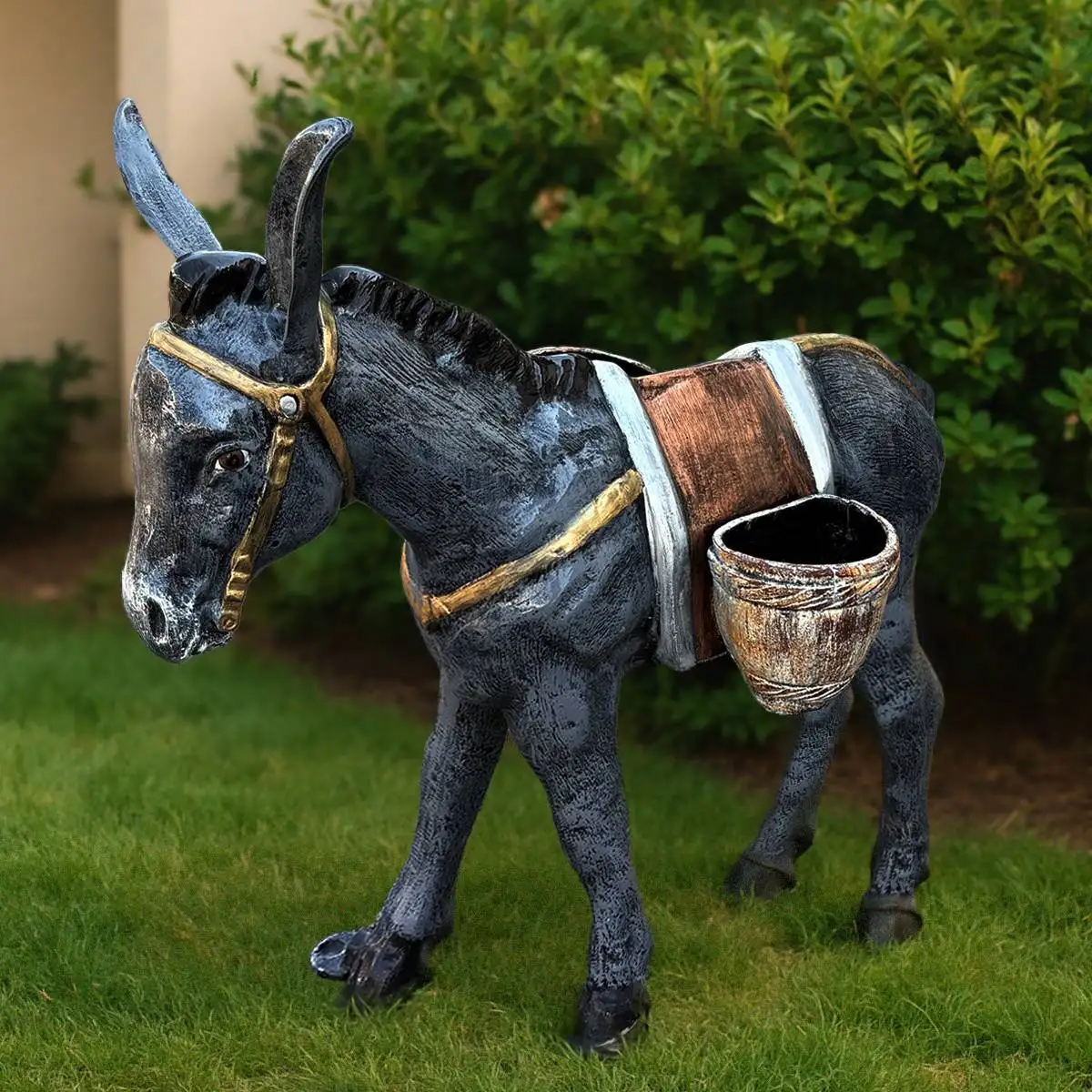 Rustic Donkey Sculpture with Saddle Basket for Outdoor Whimsy