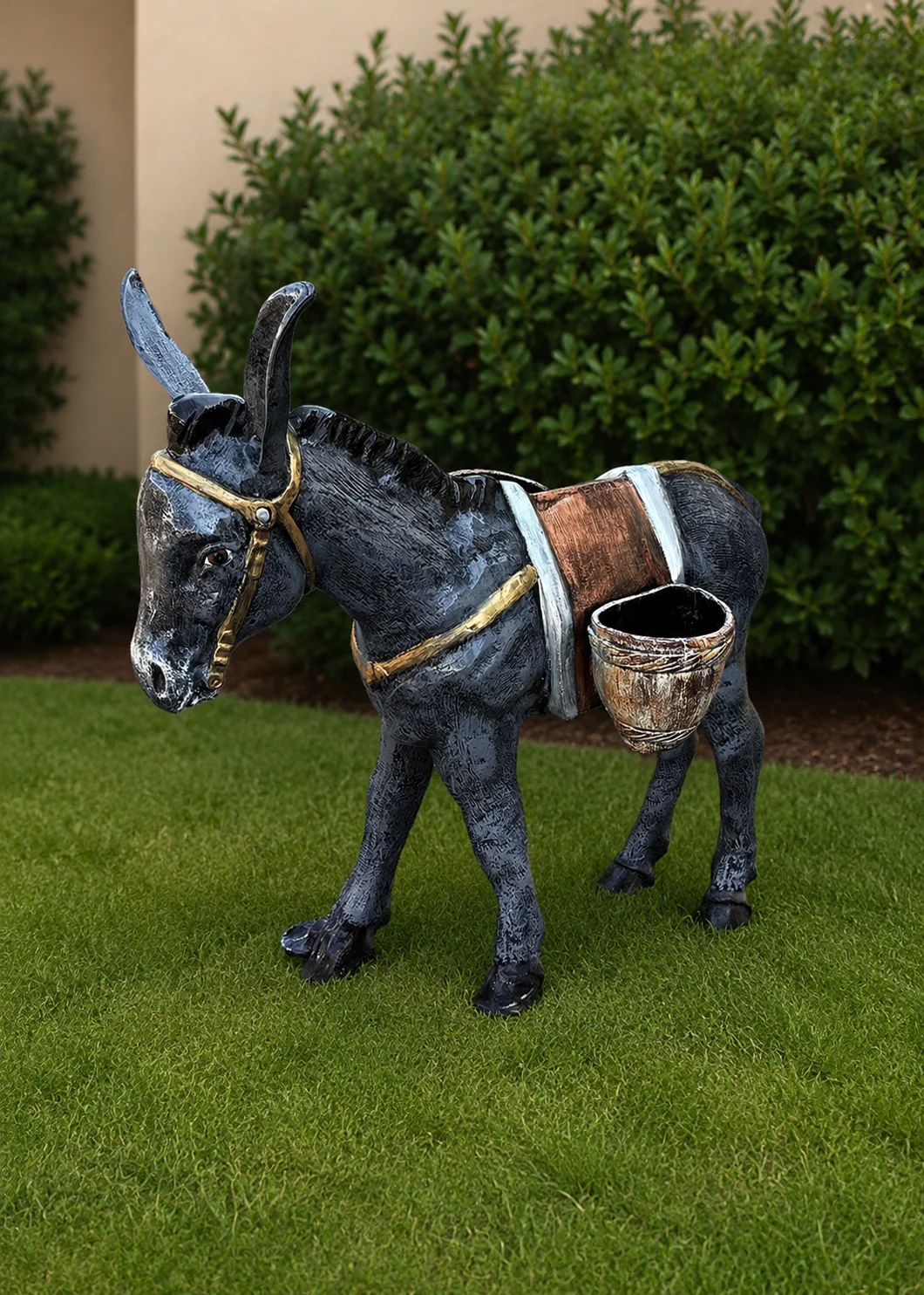 Rustic Donkey Sculpture with Saddle Basket for Outdoor Whimsy