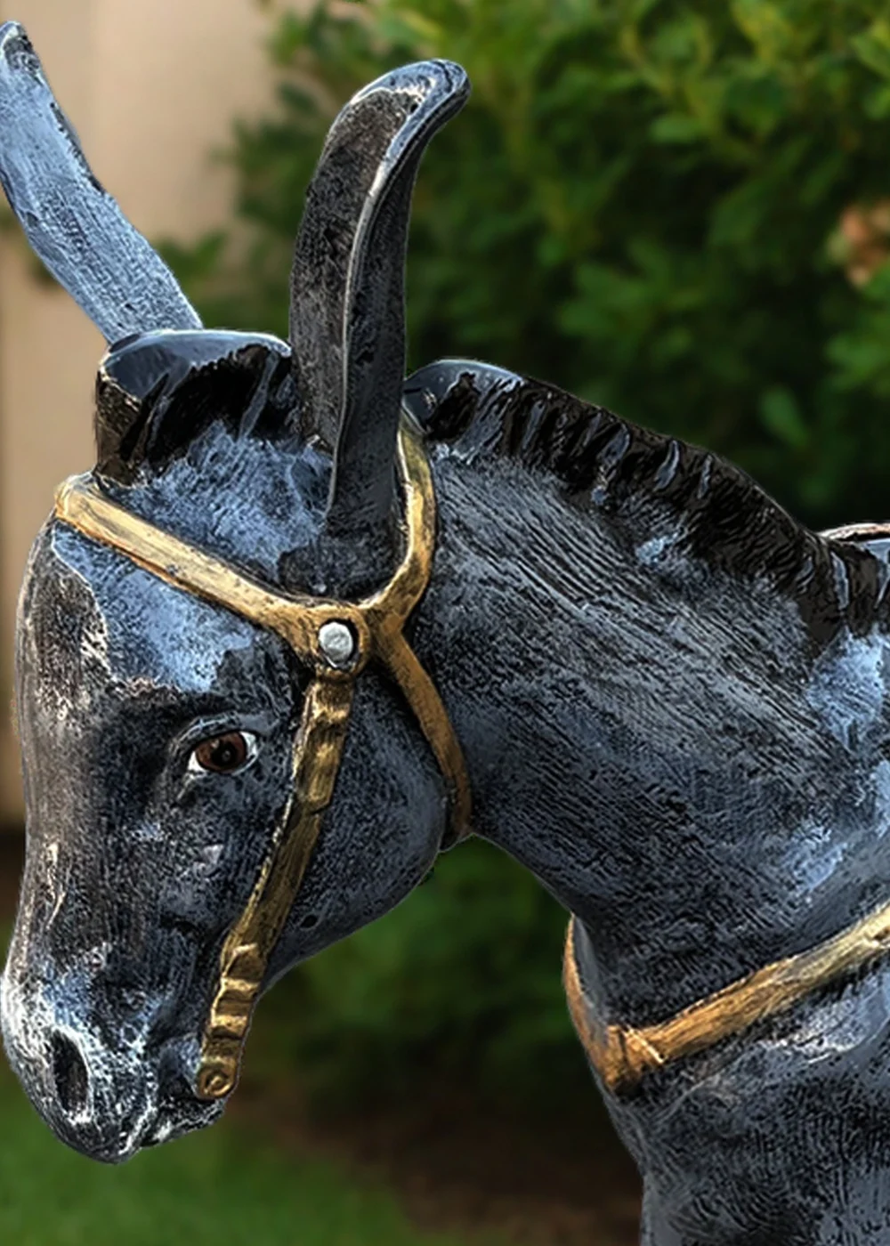 Detailed donkey sculpture with bridle in garden setting Statues and Sculpture Shop