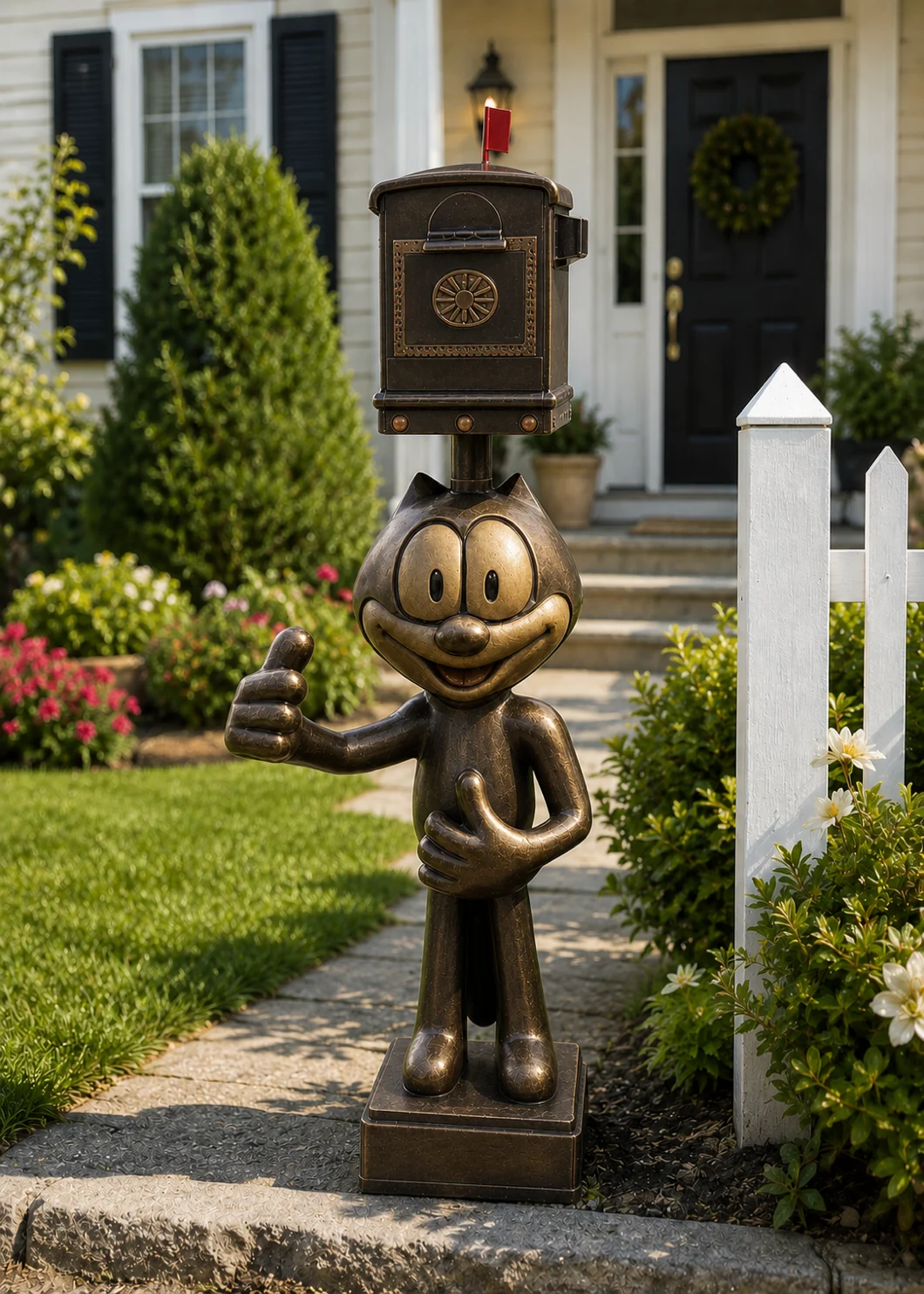 retro cartoon cat mailbox statue in Antique Bronze finish, hand-painted aluminum decorative aluminum mailbox sculpture