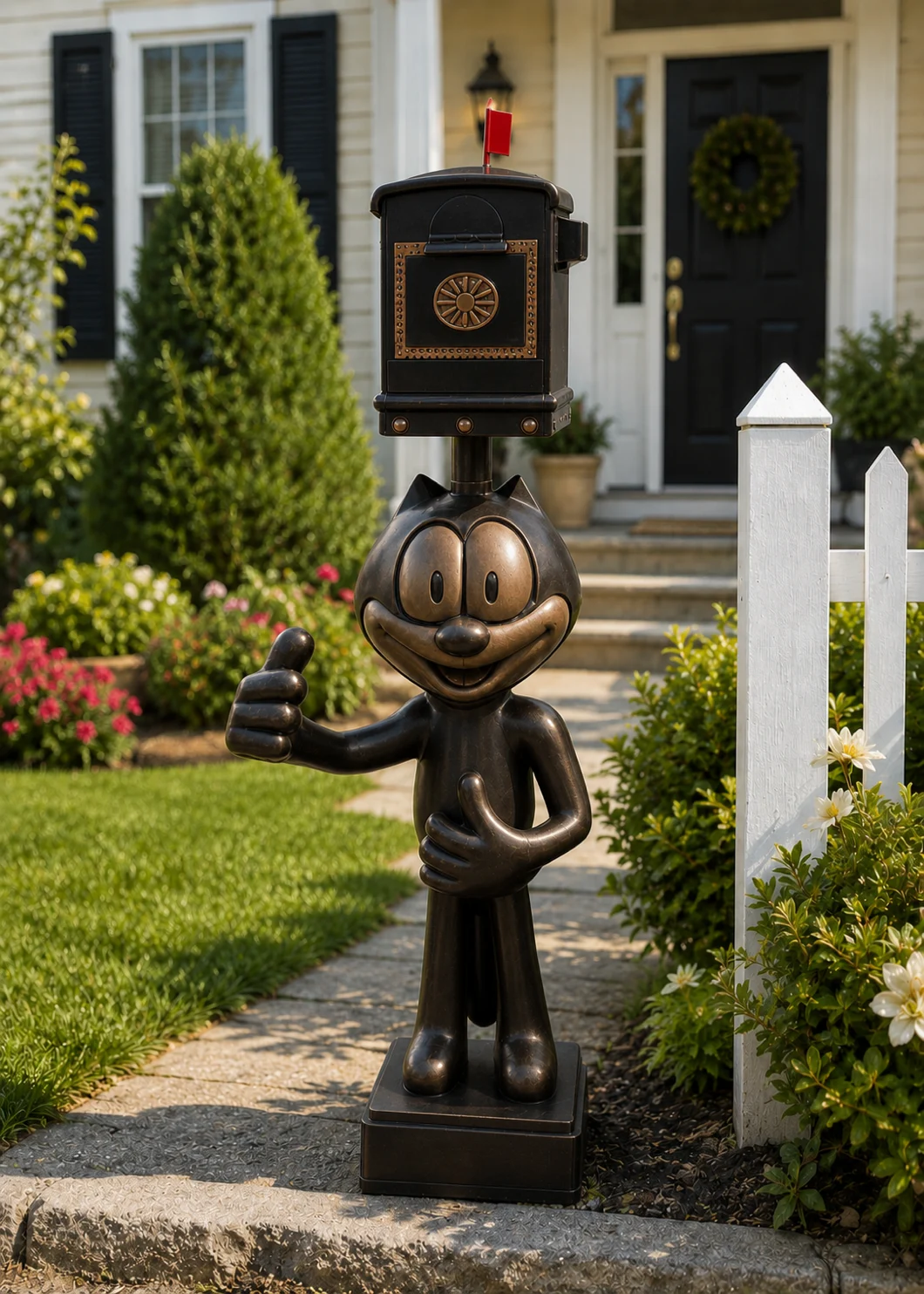 retro cartoon cat mailbox statue in Dark Bronze finish, hand-painted aluminum decorative aluminum mailbox sculpture
