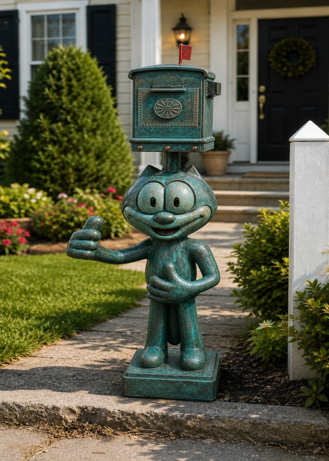 retro cartoon cat mailbox statue in Verdigris Patina finish, hand-painted aluminum decorative aluminum mailbox sculpture