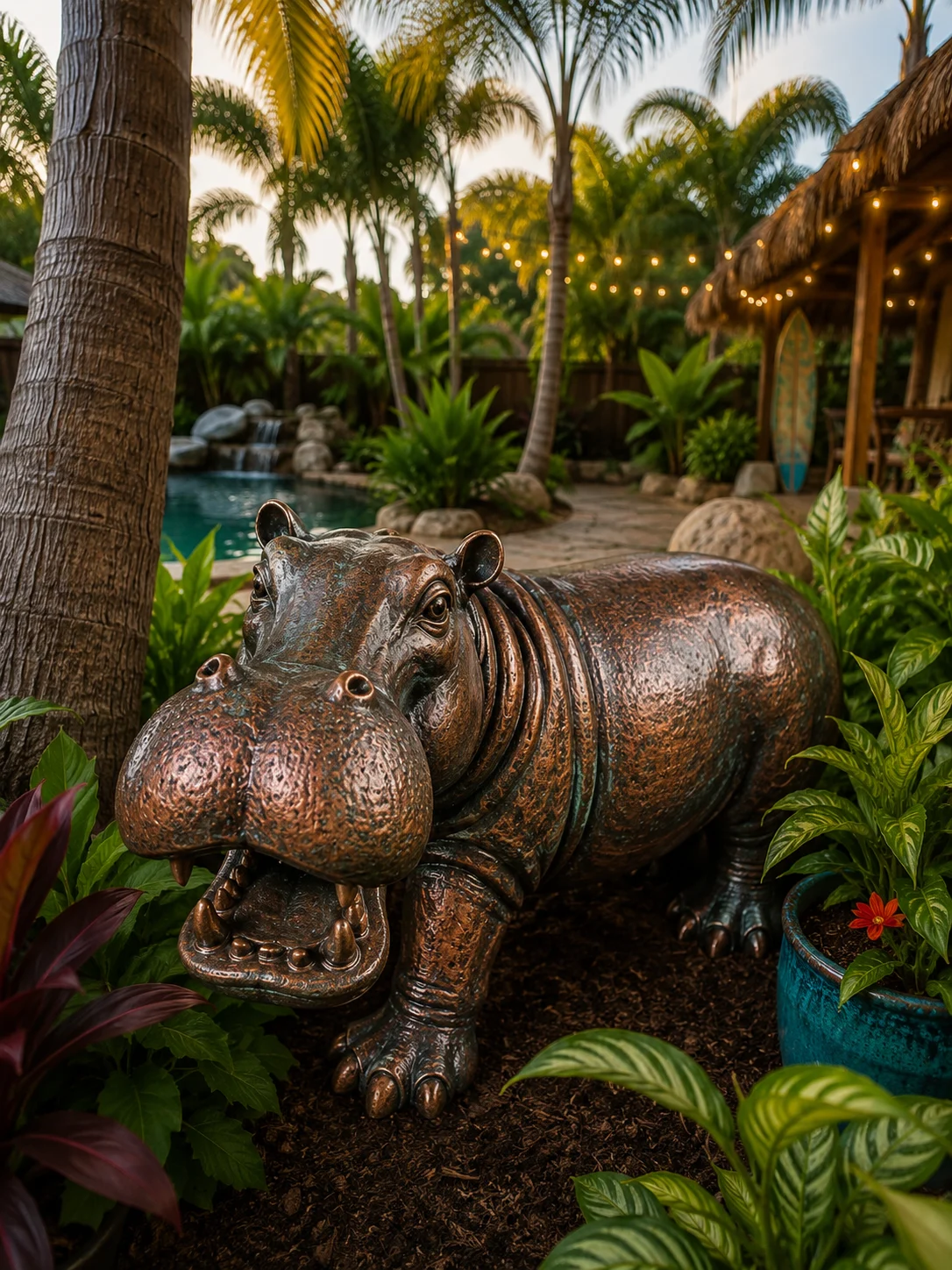 Large hippo garden statue in aged copper finish