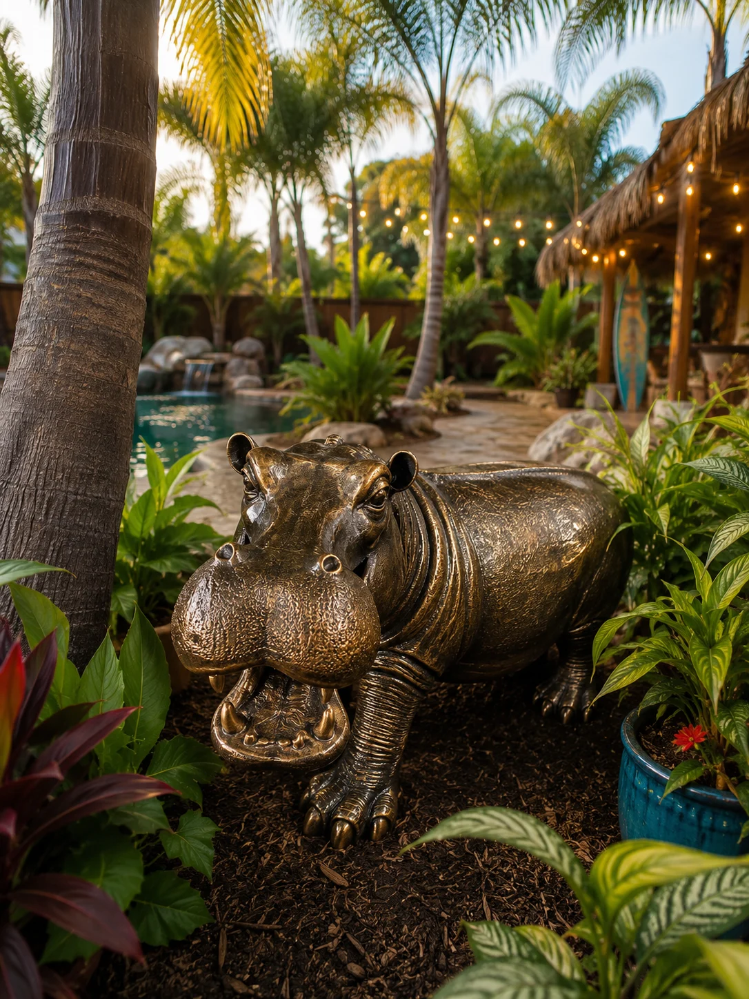 Large hippo garden statue in antique bronze finish
