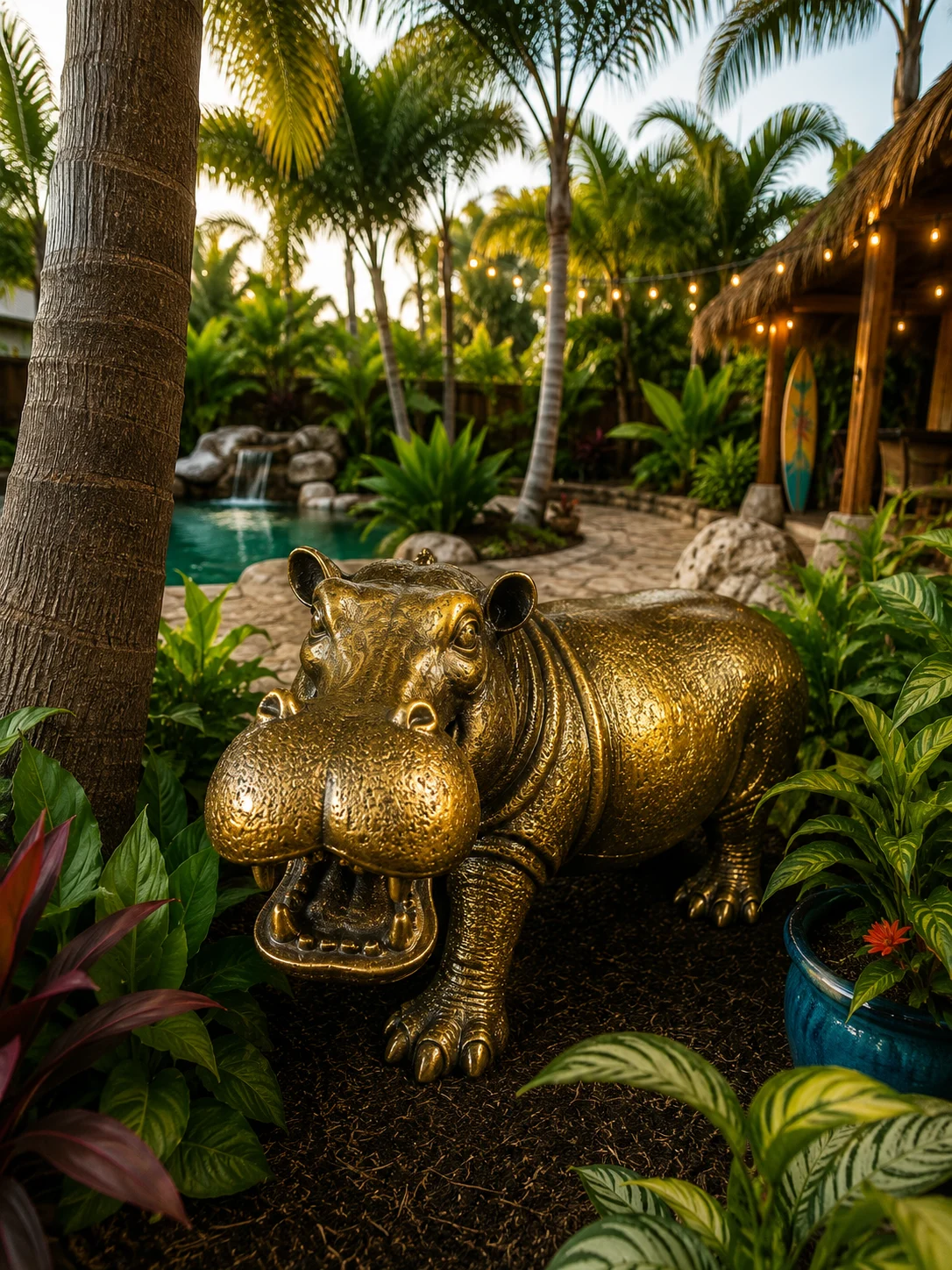 Large hippo garden statue in antique gold finish