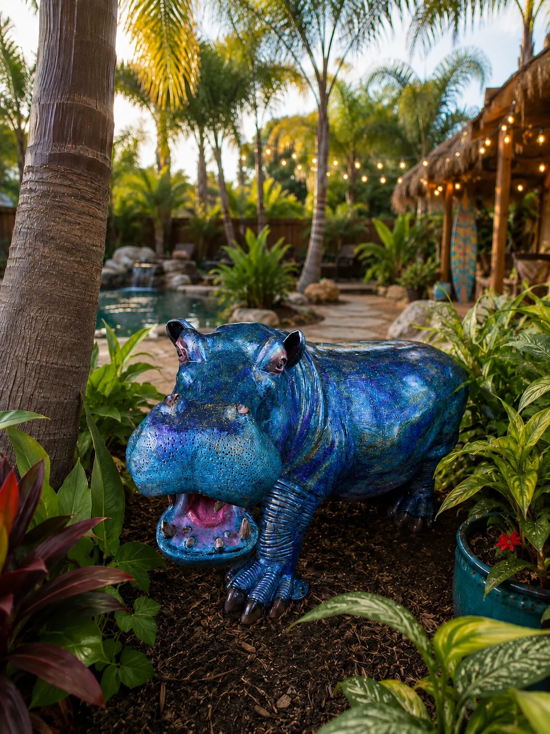 Large hippo garden statue in coastal blue finish