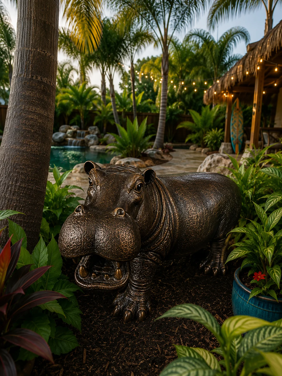 Large hippo garden statue in dark bronze finish