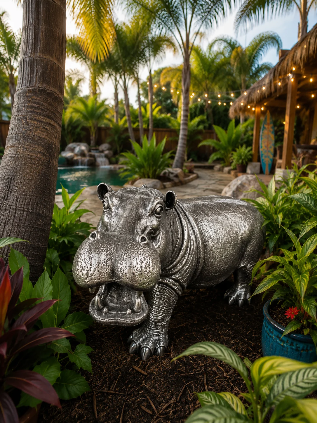 Large hippo garden statue in silver patina finish