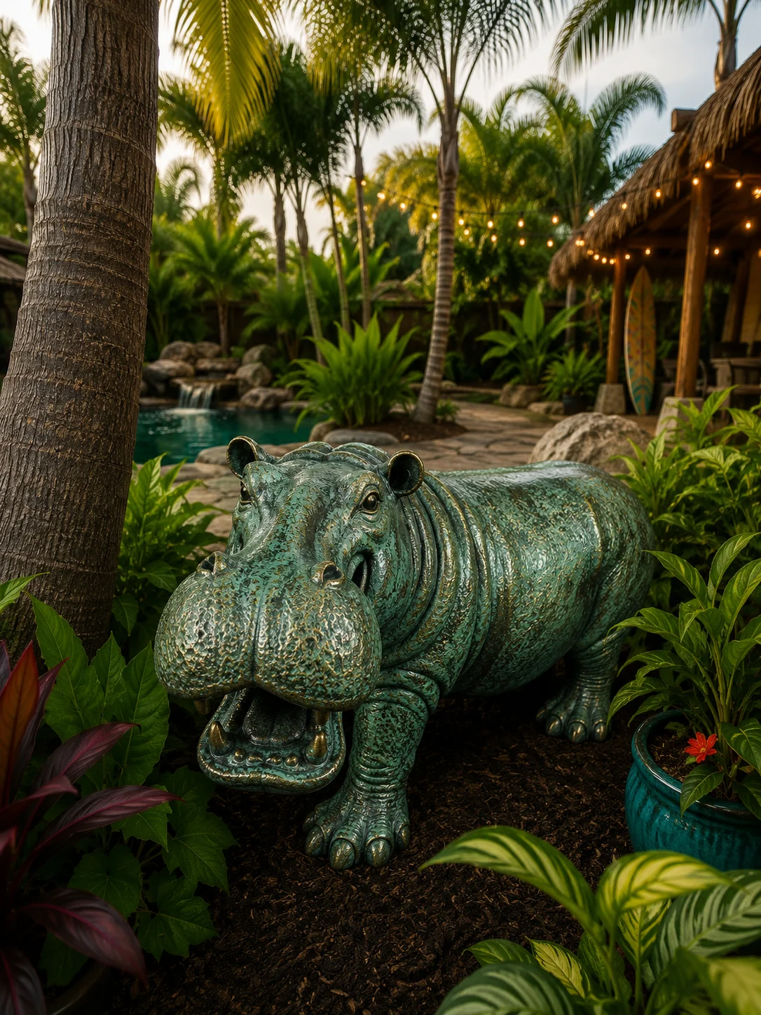 Large hippo garden statue in verdigris patina finish
