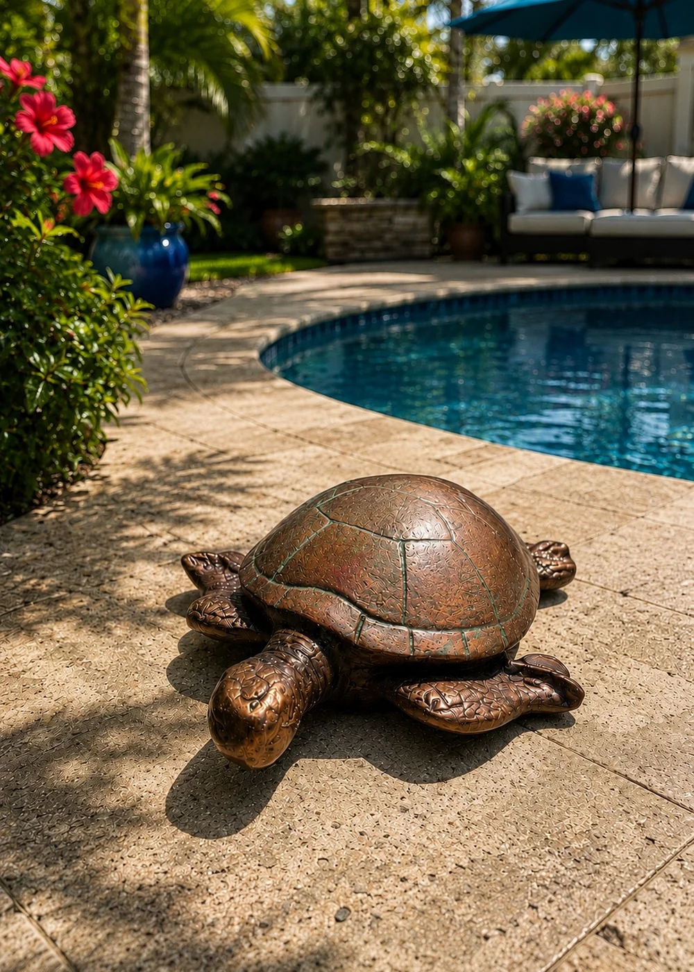 Garden sea turtle statue in antique bronze finish for poolside outdoor decor