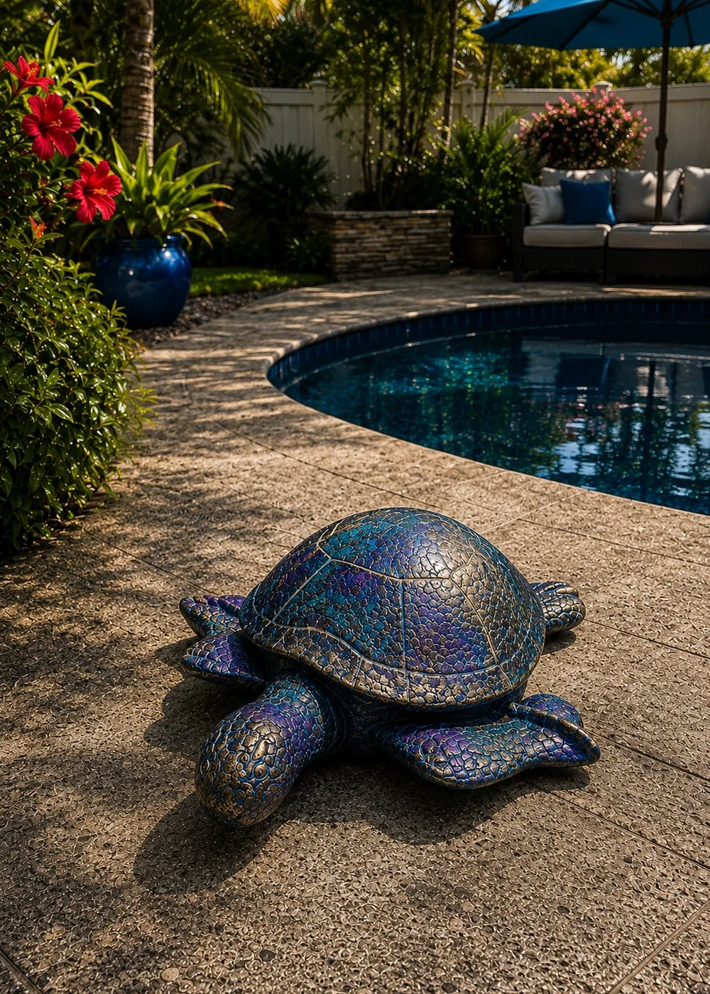 Garden sea turtle statue in multi-color artisan finish for outdoor poolside decor