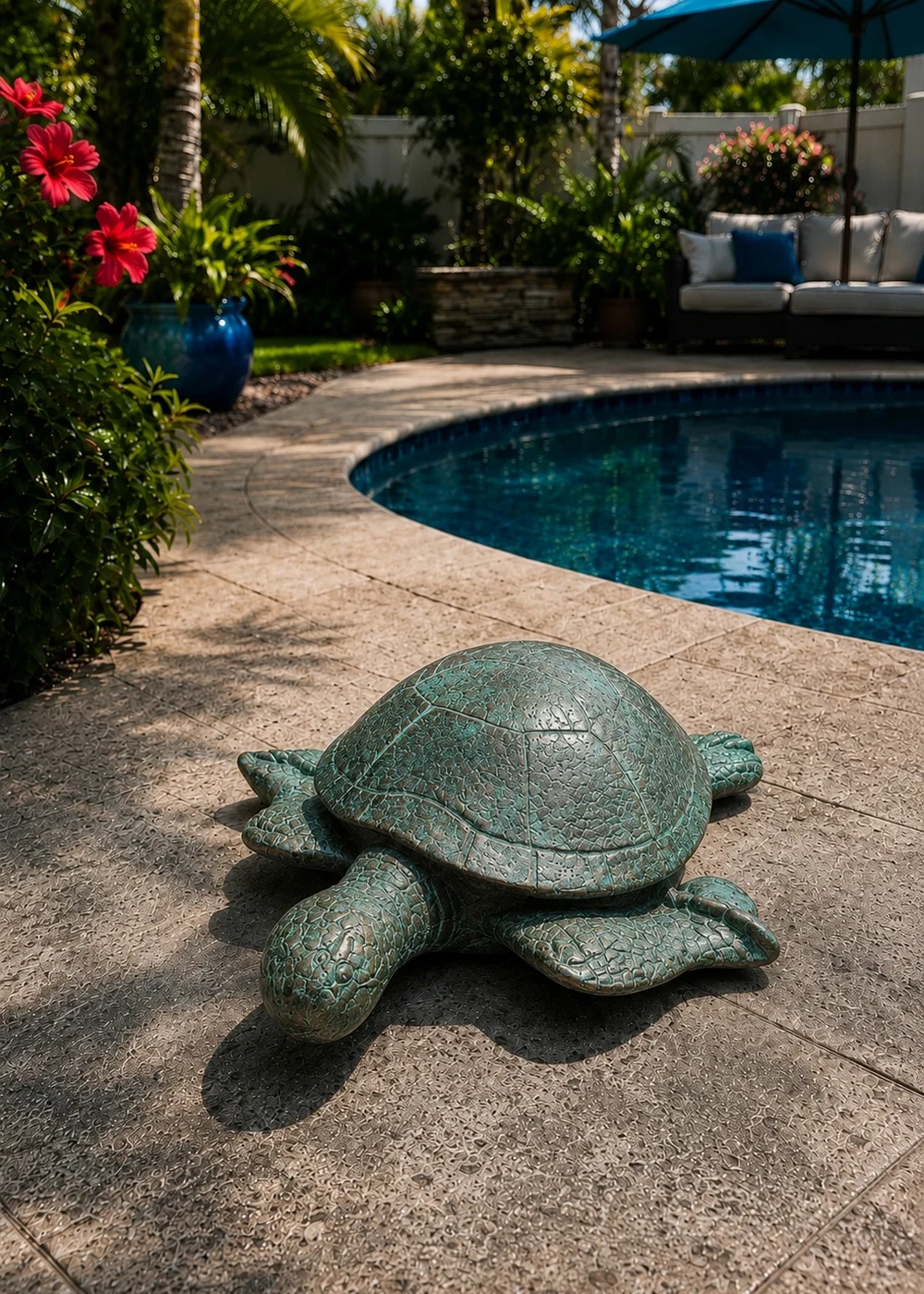 Garden sea turtle statue in ocean patina finish for poolside coastal decor