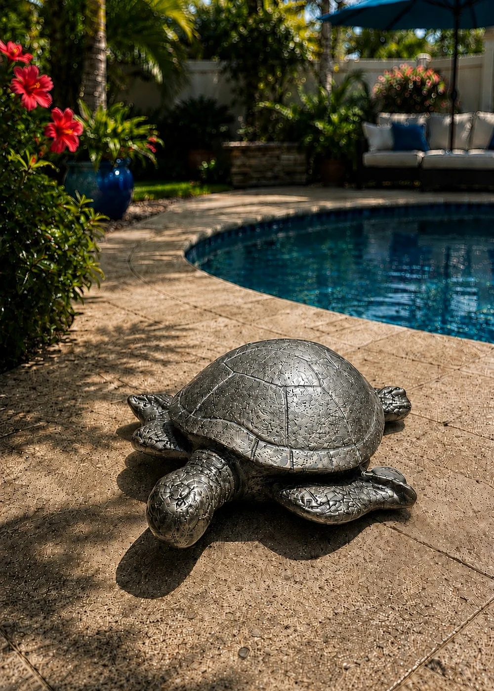 Garden sea turtle statue in silver patina finish for poolside outdoor decor