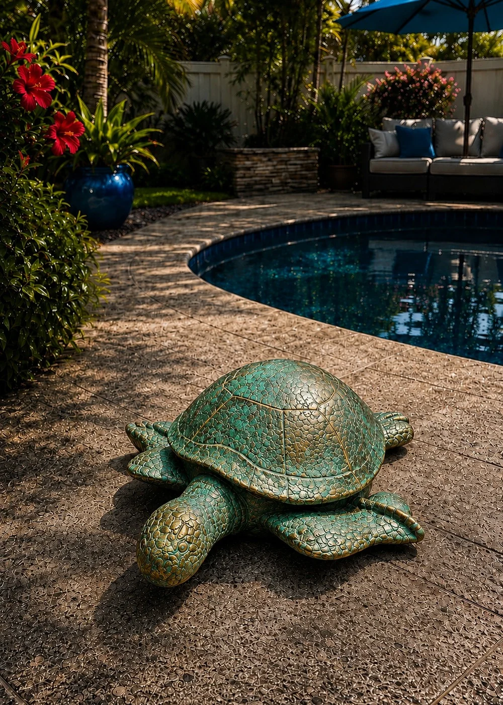 Garden sea turtle statue in verdigris patina finish for landscaped garden decor