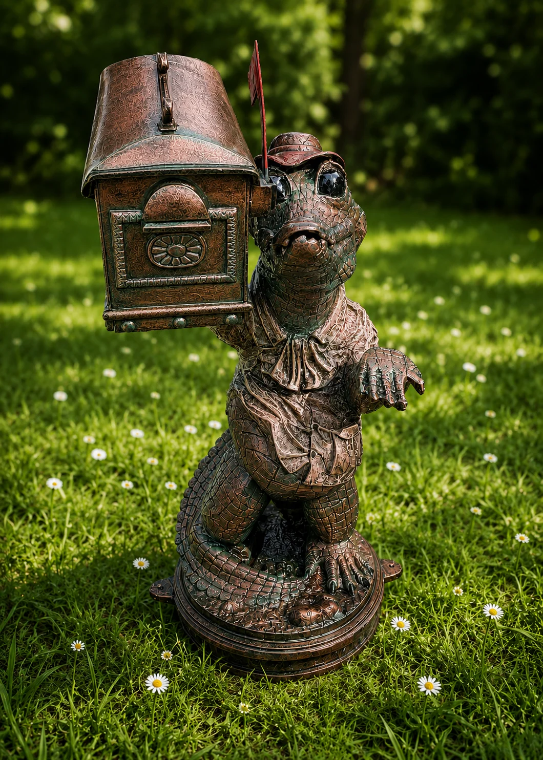 gator mailbox statue in Aged Copper finish, hand-painted aluminum decorative aluminum mailbox sculpture
