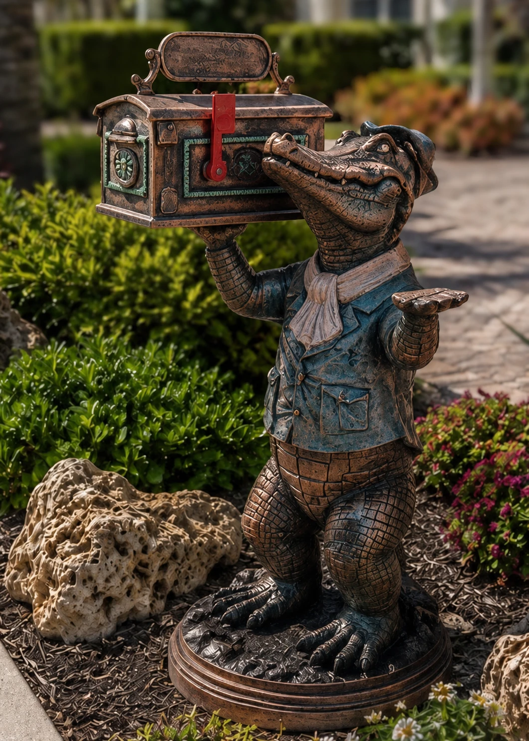 Full-body Aged Copper gator mailbox statue in a landscaped Florida garden