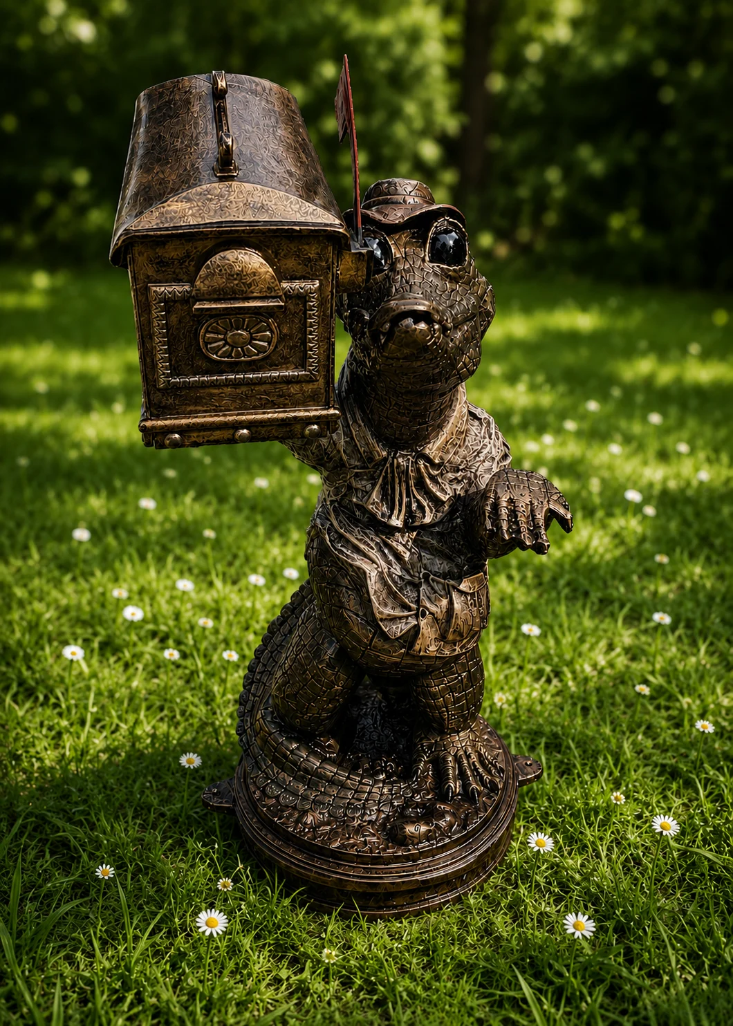 gator mailbox statue in Antique Bronze finish, hand-painted aluminum decorative aluminum mailbox sculpture