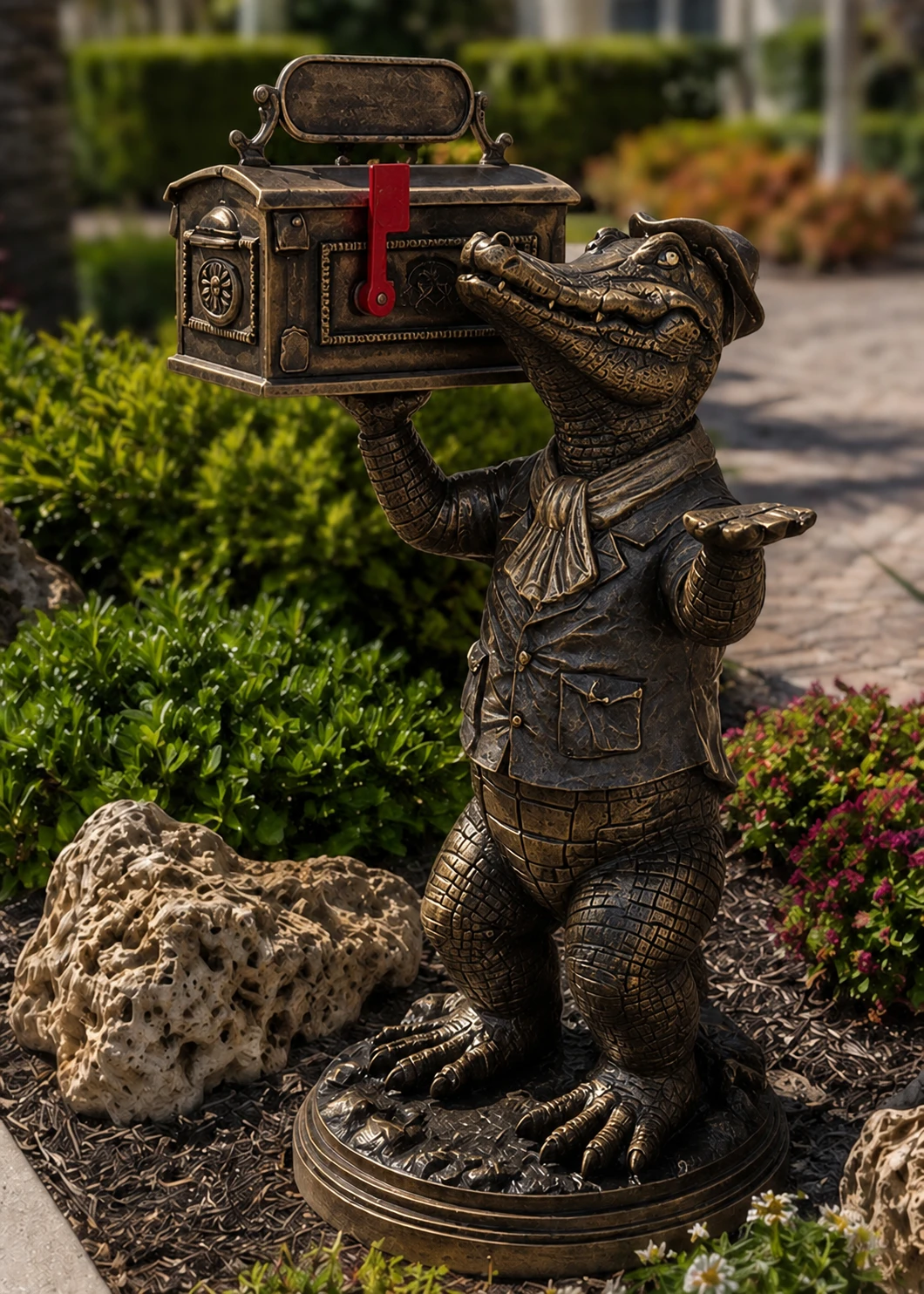 Full-body Antique Bronze gator mailbox statue in a landscaped Florida garden