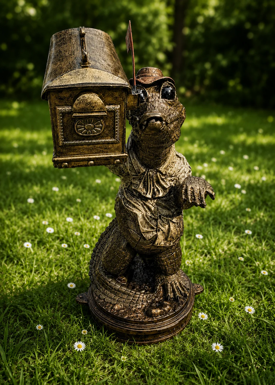 gator mailbox statue in Antique Gold finish, hand-painted aluminum decorative aluminum mailbox sculpture