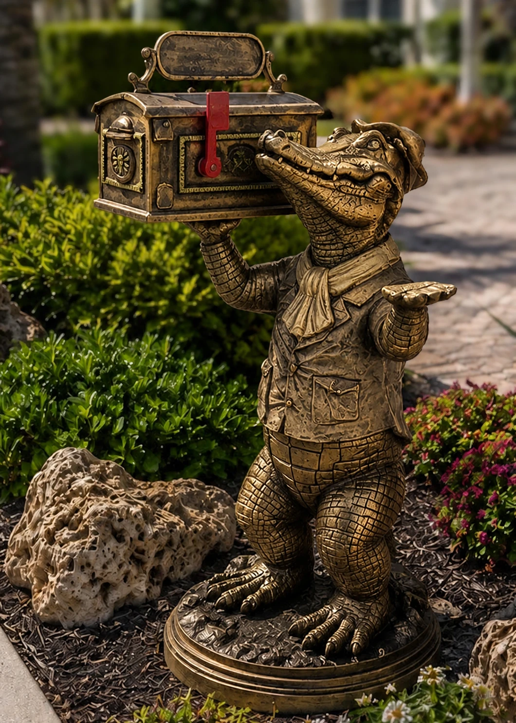 Full-body Antique Gold gator mailbox statue in a landscaped Florida garden