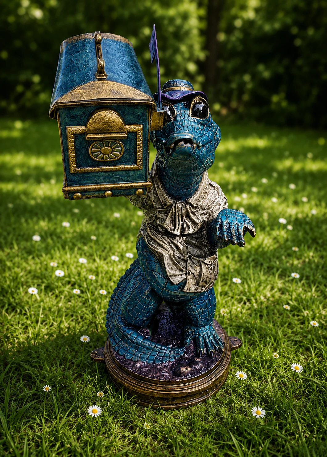 gator mailbox statue in Coastal Blue finish, hand-painted aluminum decorative aluminum mailbox sculpture