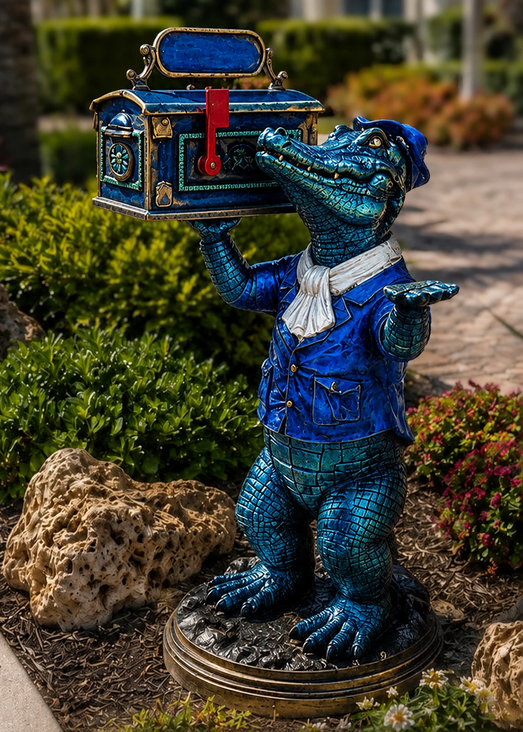 Full-body Coastal Blue gator mailbox statue in a landscaped Florida garden