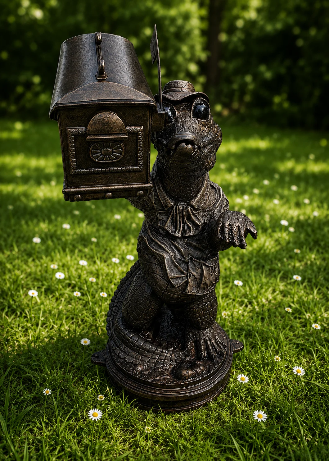 gator mailbox statue in Dark Bronze finish, hand-painted aluminum decorative aluminum mailbox sculpture