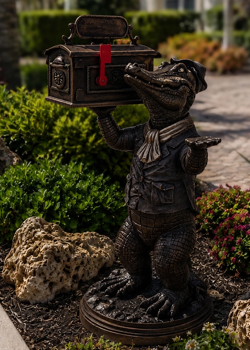 Full-body Dark Bronze gator mailbox statue in a landscaped Florida garden