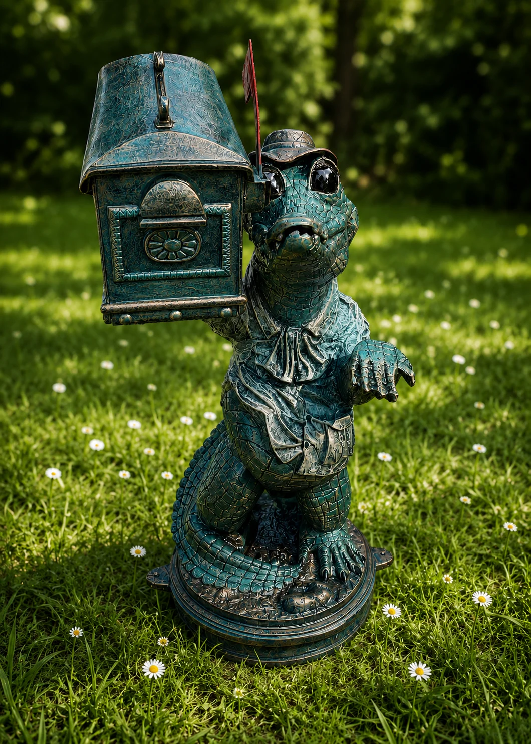 gator mailbox statue in Ocean Patina finish, hand-painted aluminum decorative aluminum mailbox sculpture