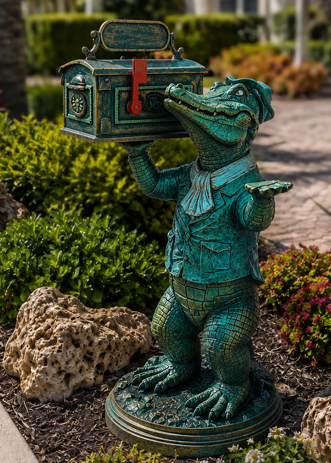Full-body Ocean Patina gator mailbox statue in a landscaped Florida garden