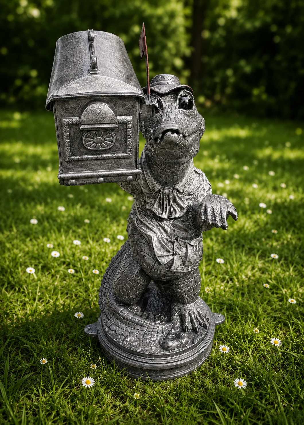 gator mailbox statue in Silver Patina finish, hand-painted aluminum decorative aluminum mailbox sculpture