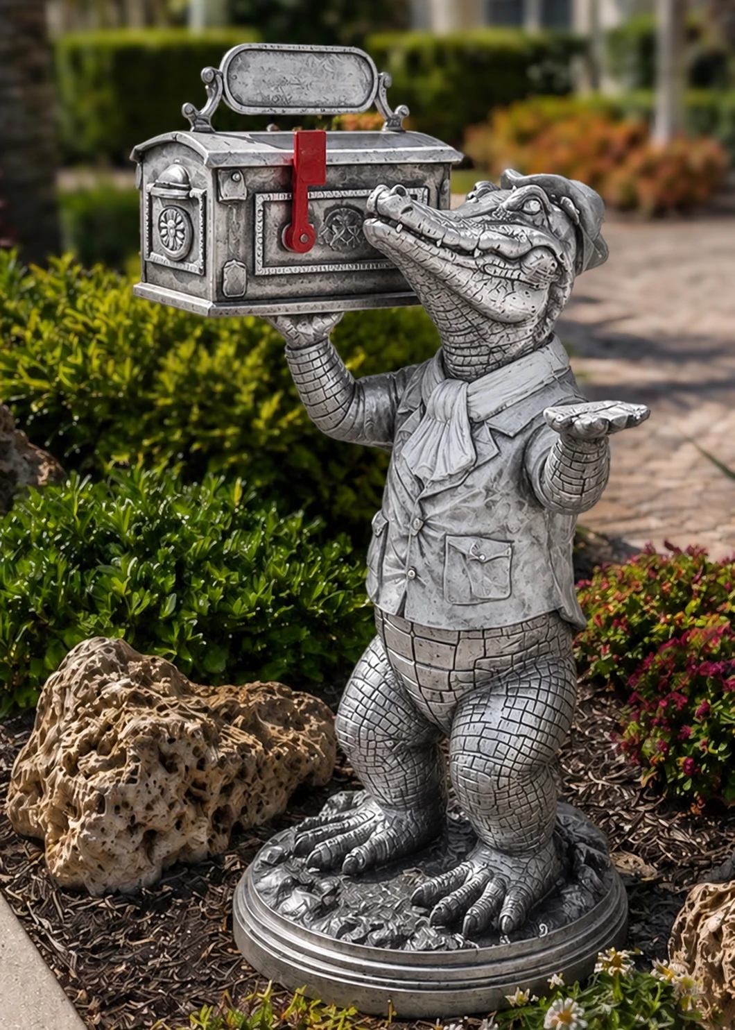 Full-body Silver Patina gator mailbox statue in a landscaped Florida garden