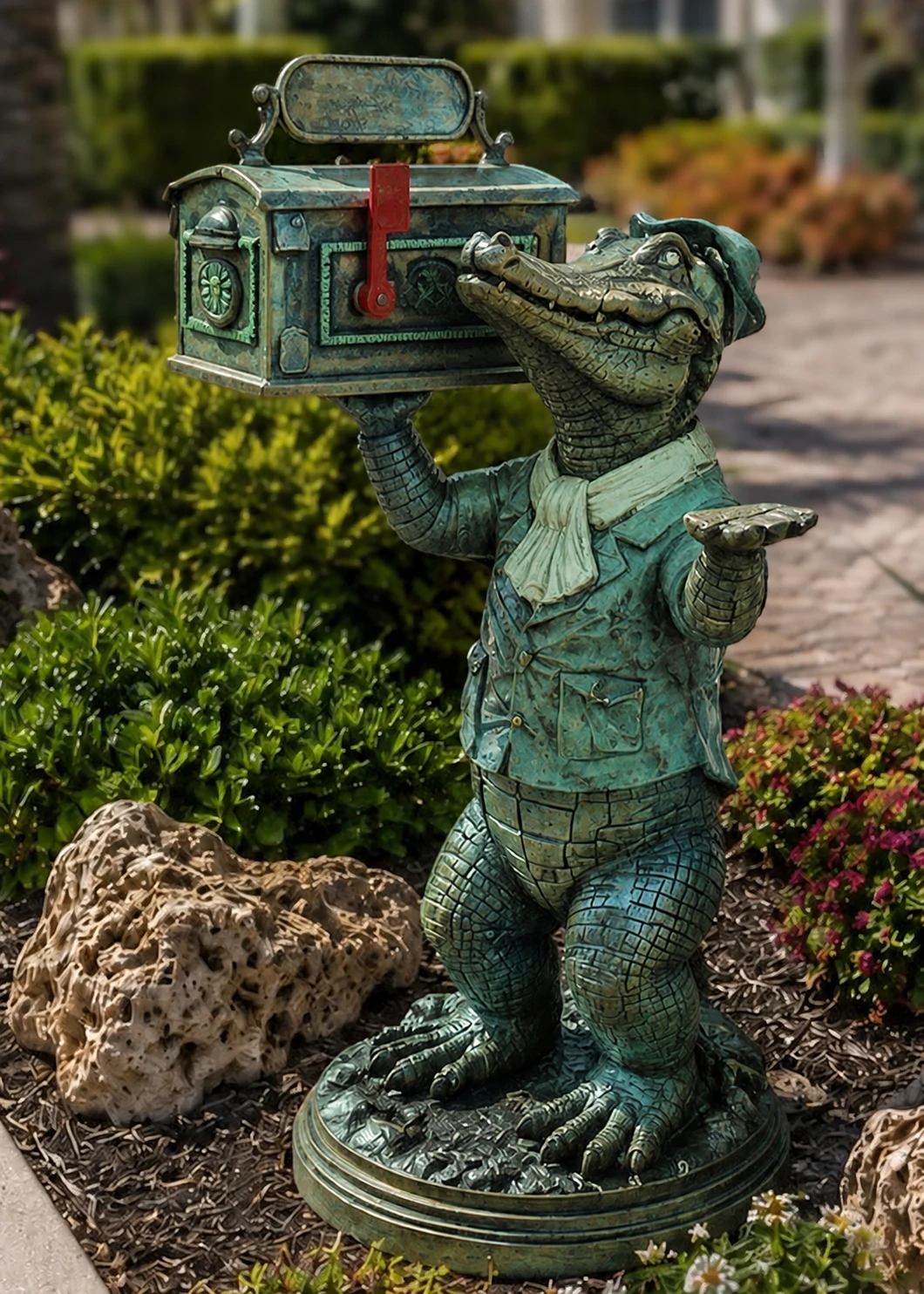 Full-body Verdigris Patina gator mailbox statue in a landscaped Florida garden
