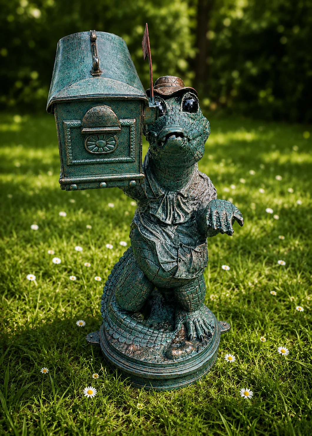 gator mailbox statue in Verdigris Patina finish, hand-painted aluminum decorative aluminum mailbox sculpture