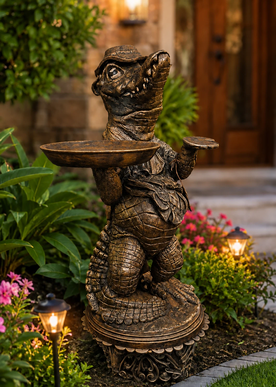 Alligator statue with tray in Antique Bronze finish in a landscaped garden
