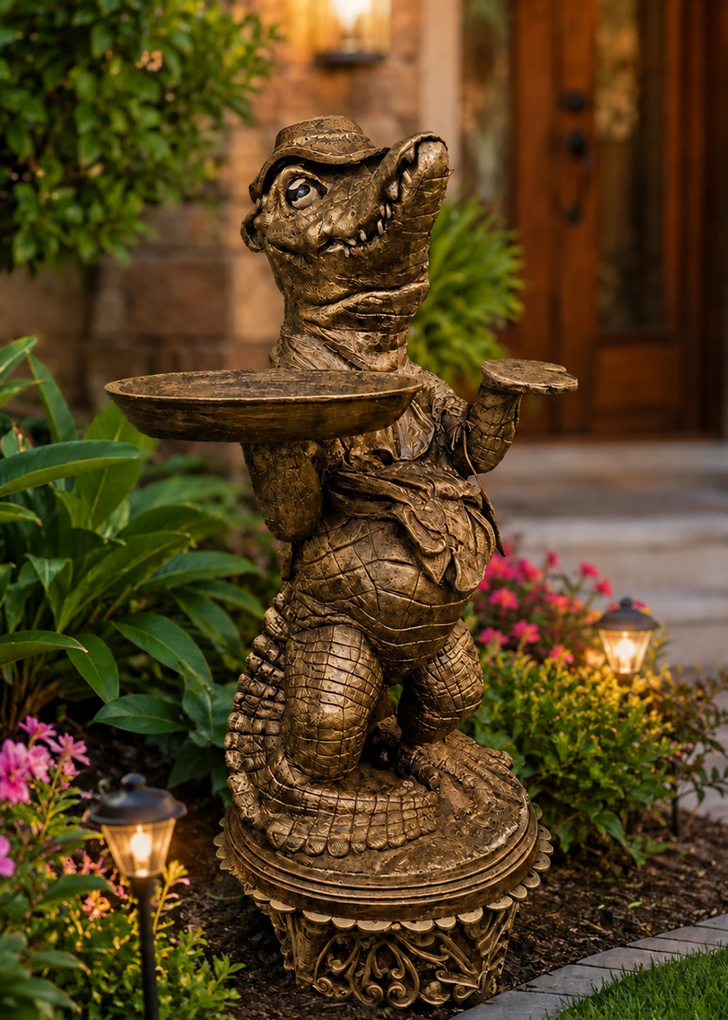 Alligator statue with tray in Antique Gold finish in a landscaped garden