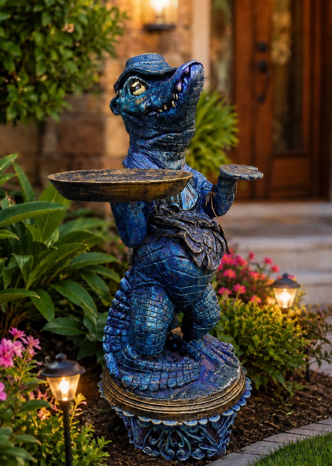 Alligator statue with tray in Coastal Blue finish in a landscaped garden